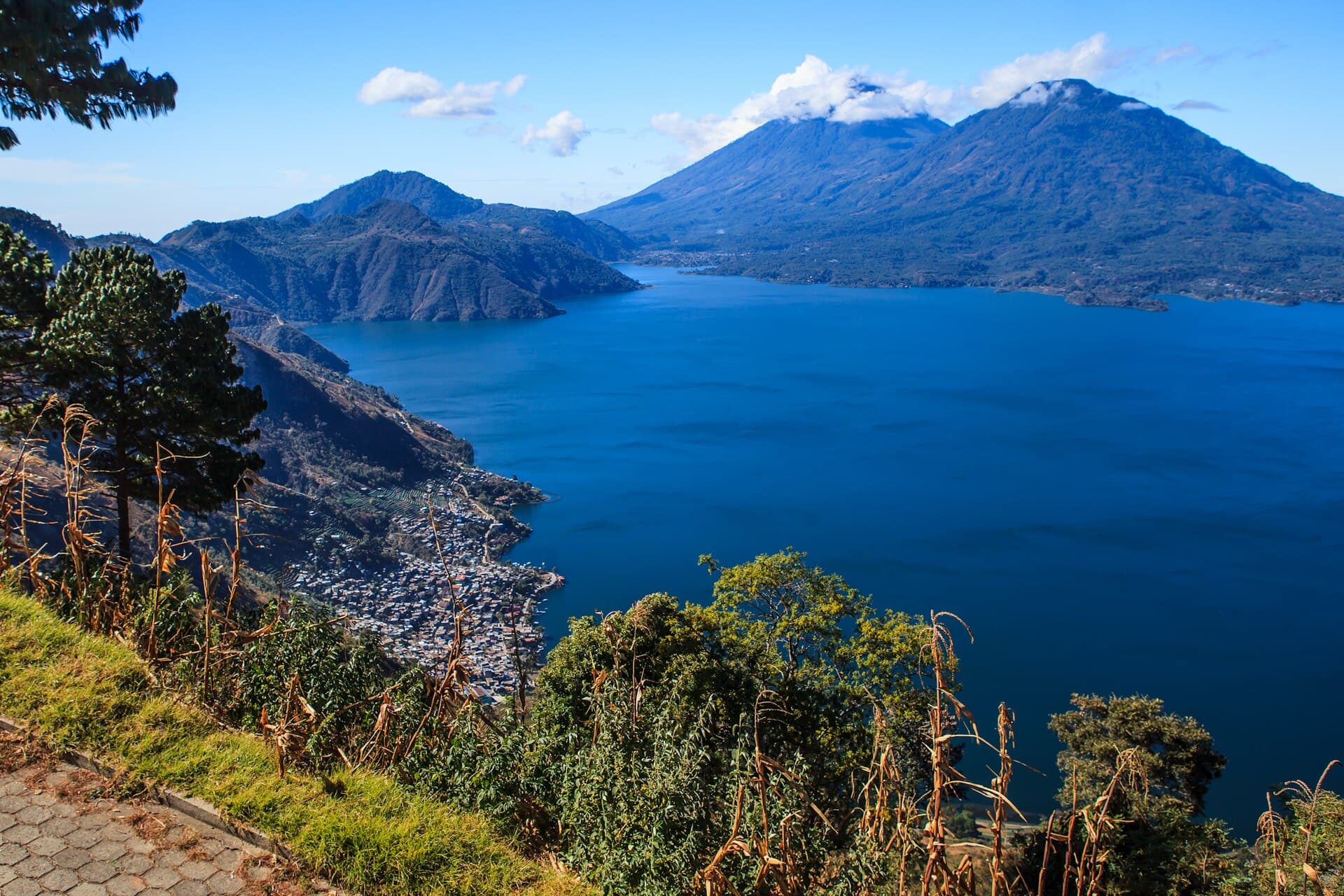 Tolimán and Atitlán volcanoes seen from the east — Lake Atitlán, Guatemala