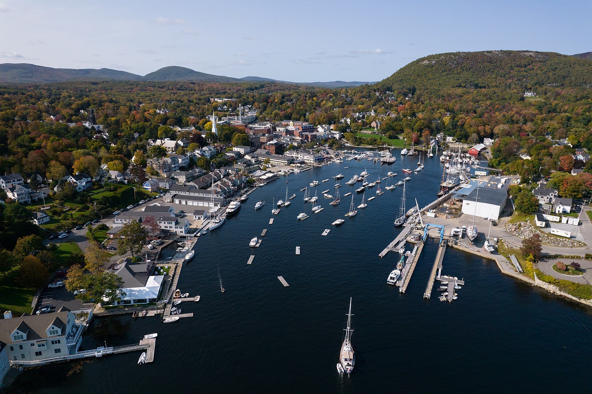 Drone view of downtown Camden and the harbor — Maine
